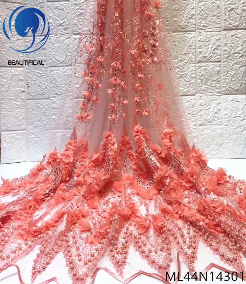 

Beautifical 3d lace fabrics Top sale 3d flowers nigerian net lace fabric embroidery beads lace french fabric for dress ML44N143