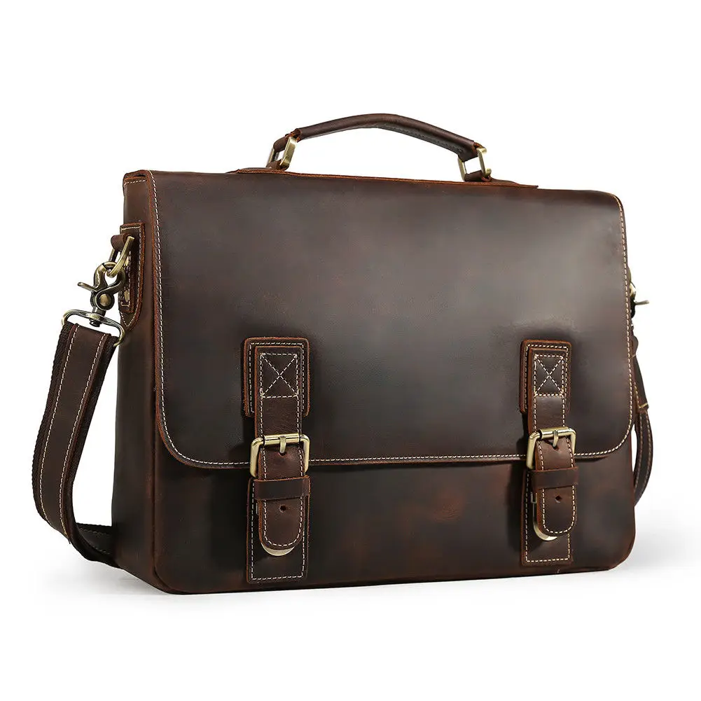 Tiding Vintage Real Leather 16" Laptop Briefcase Messenger Bag