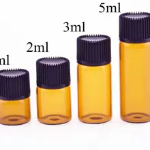 100 шт 1 мл/2 мл/3 мл/5 мл бутылка для эфирного масла из янтарного стекла, тонкое стекло, маленькие коричневые флаконы для парфюмерного масла, пробный флакон