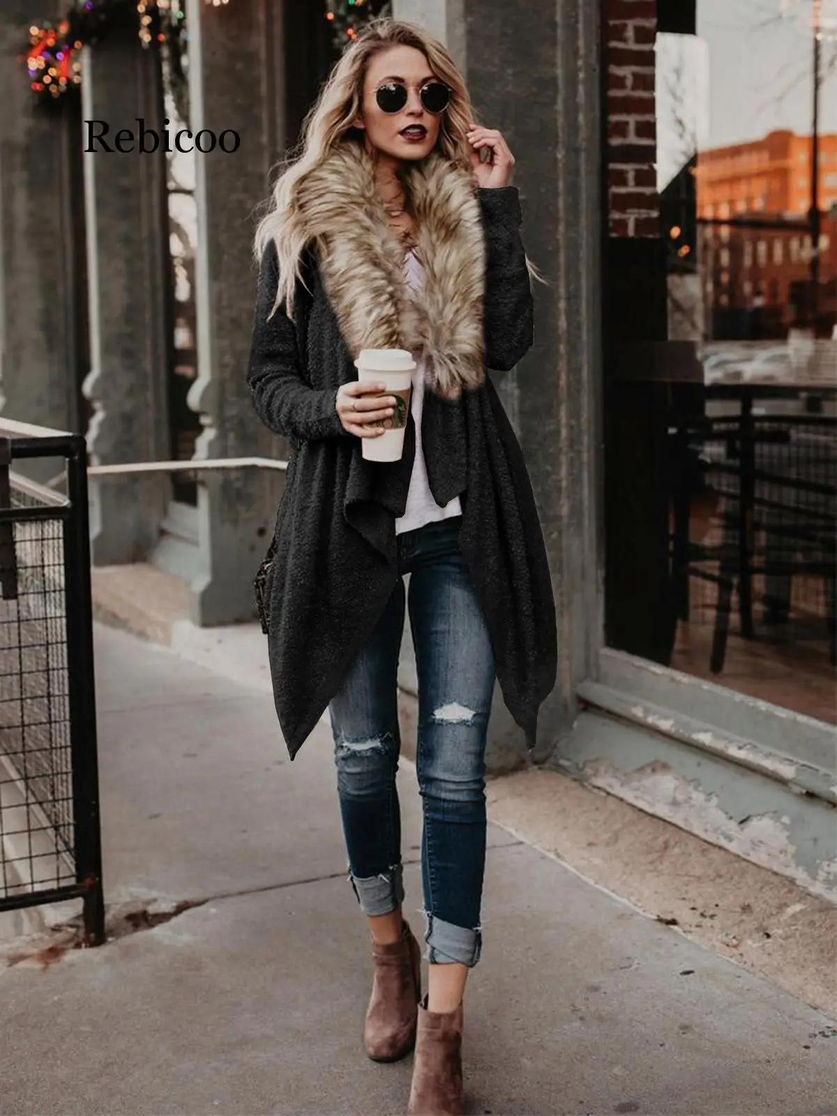 

Rebicoo Women Long Open Cardigan Casual Faux Fur Collar Coat Ladies 2019 Autumn Winter Fashion Soft Outwear Jacket Oversize