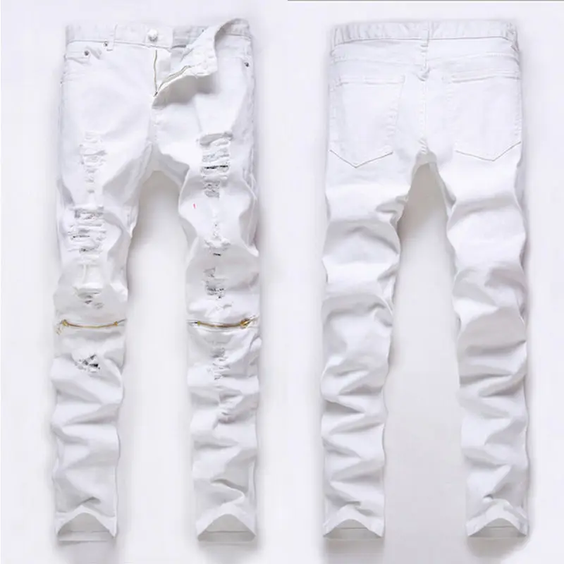 Pria Bergaya Ripped Jeans Zipper 