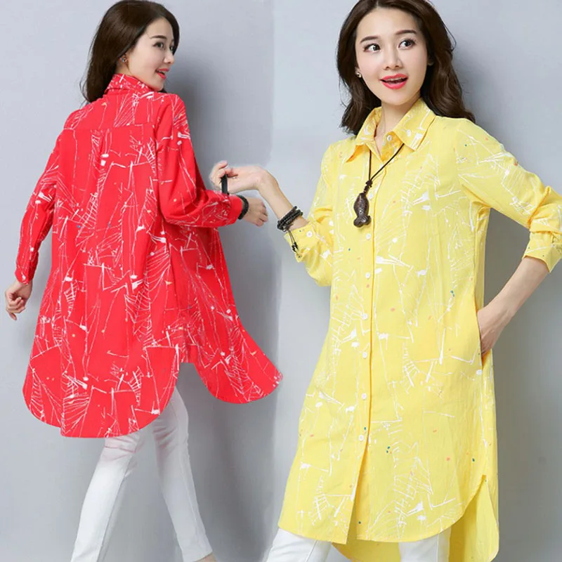 

2018 summer new women long printed shirts yellow and red cotton and linen solid slim blouse tops outwear coat