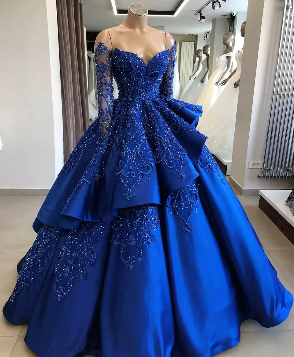 

2019 New Listing Blue Evening Dress Long Sleeves Lace Beaded Floor Length Evening Dresses Formal Party Gowns Vestido