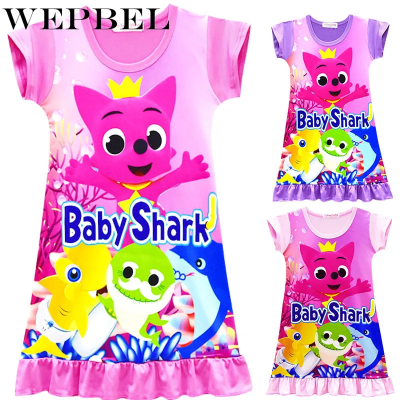 

WEPBEL 3 Colors Cartoons Kids Girls Short Sleeve Dress Baby Shark Print Dresses Pajamas Sleepwear