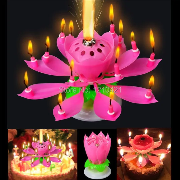 

Free shipping 2Pcs/Set Amazing Romantic Musical Lotus Rotating Happy Birthday wedding Candle