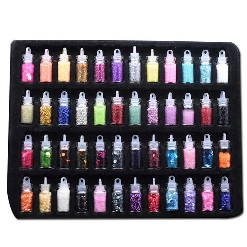 

48 bottles/pack 3D Shinny Nail Glitter Powder Acrylic Gel Polish Flakes Nail Sequin Designs charm shell pearl beads mini bottle