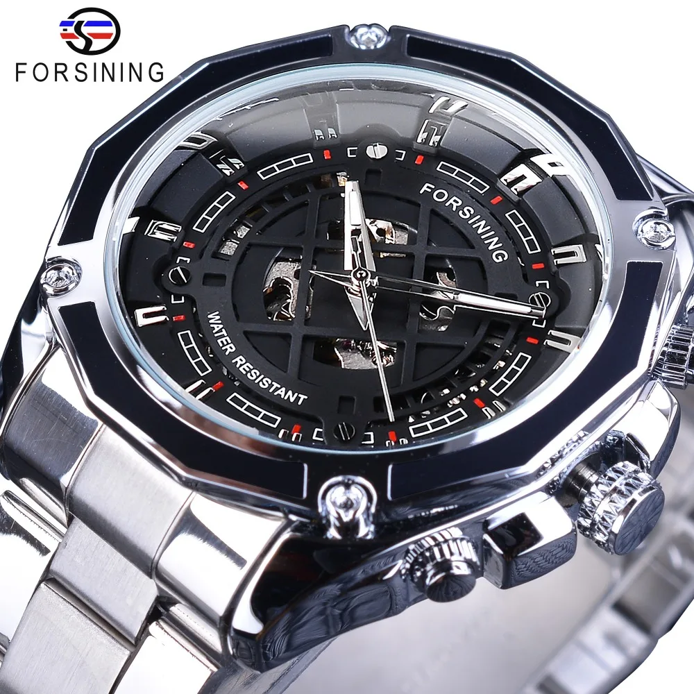 

Forsining Black Transparent Silver Stainless Steel 2018 Fashion Steampunk Men Sport Racing Automatic Wristwatch Top Brand Luxury