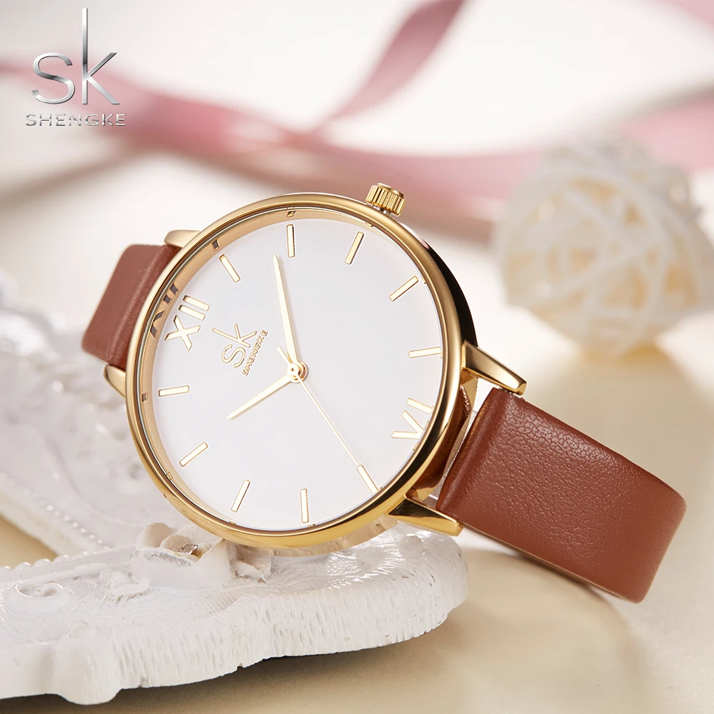 Shengke Brand Women Watches Simple Leather Wristwatch Lady Gold Luxury Dial Watches Mixmatch Relogio Feminino Brown Leather 2017