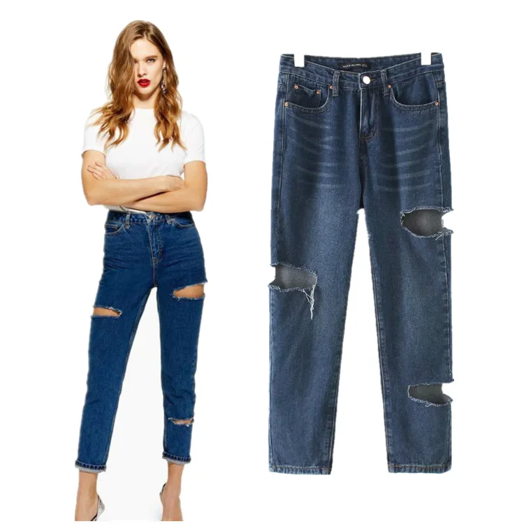 European style 2019 New Fashion Ripped Jeans Ankle Length Vintage Blue