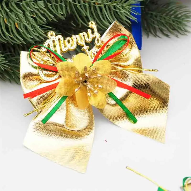 4Pcs Gold Merry Christmas Bows Decoration Bow knot Tie with Flower