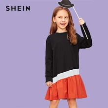 SHEIN/детское праздничное платье с цветными блоками и вышивкой для девочек; коллекция года; сезон весна; повседневные Детские платья средней длины с длинными рукавами; Одежда для девочек