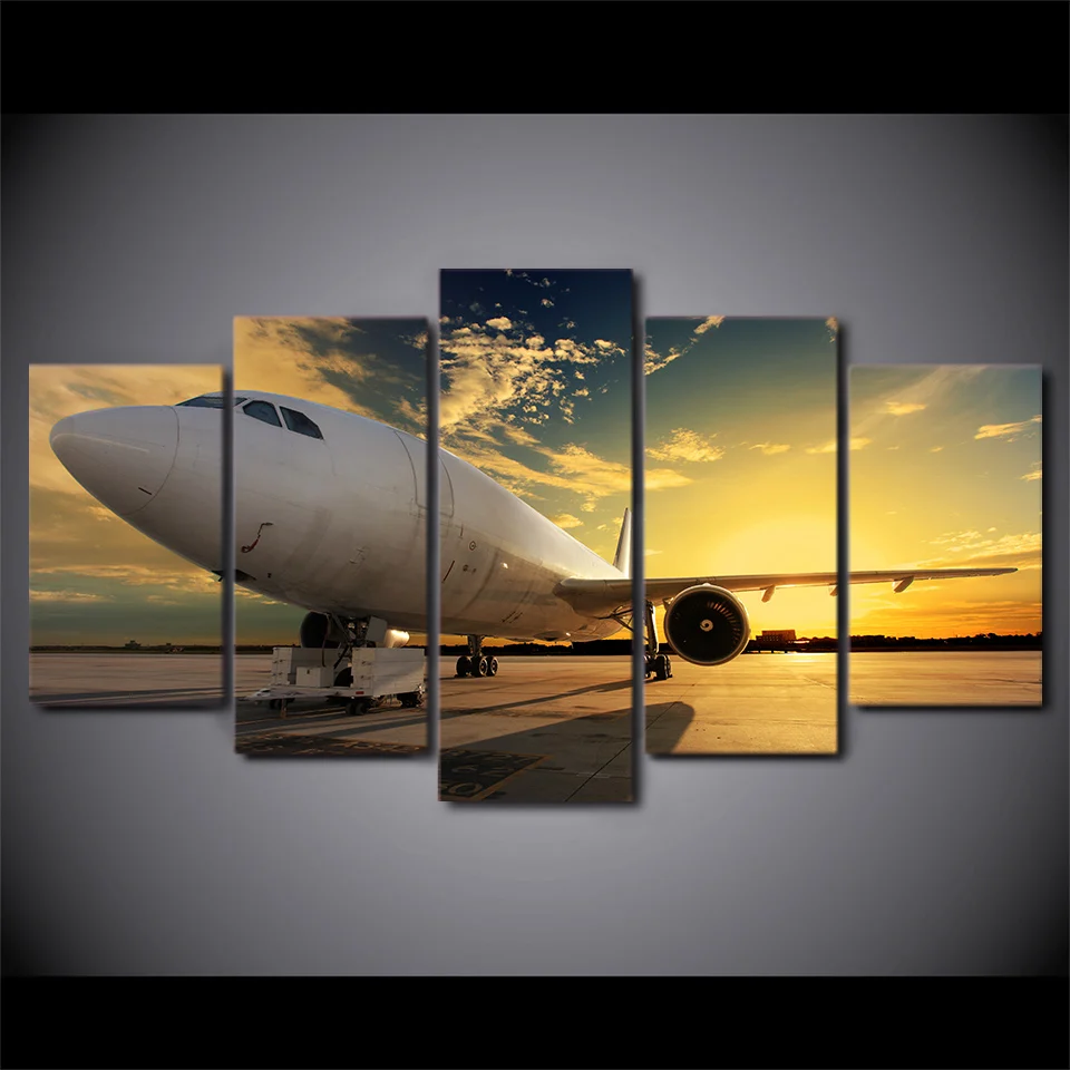 Canvas-Paintings-Living-Room-Home-Decor-Framework-HD-Prints-5-Pieces-Airplane-Sunset-Pictures-Aircraft-Posters