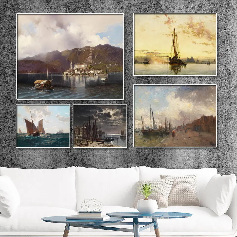 Us 3 6 40 offhome decoration print canvas wall art picture paintings horizontal rectangle oil drawings yacht docks for living room in painting