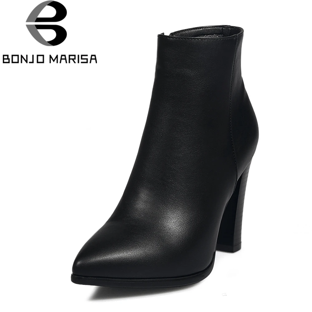 

BONJOMARISA Black Mature Ankle Chelsea Boots Women Autumn 2018 Large Size 32-43 Super High Square Heels Shoes Woman Addible Fur