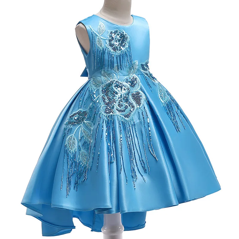 Платье принцессы с блестками для маленьких девочек коллекция года, летние детские праздничные платья для девочек, одежда свадебное платье с цветочным узором для девочек возрастом 7, 8, 9, 10 лет - Цвет: Blue