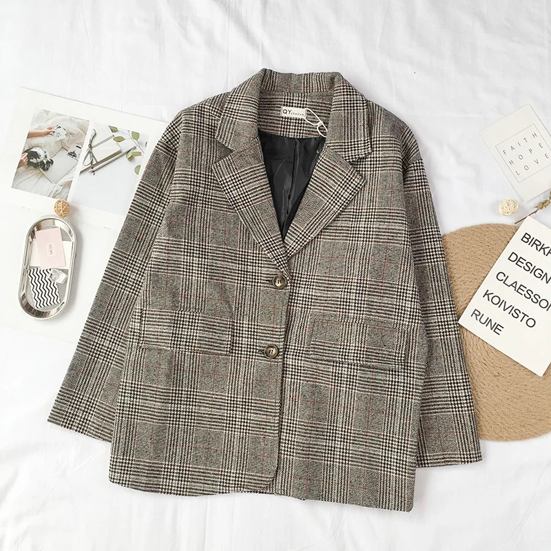 

Taotrees Autumn Vintage Plaid Blazers Women Loose Notched Neck Two Buttons Blazer Female All Match Casual Clothing