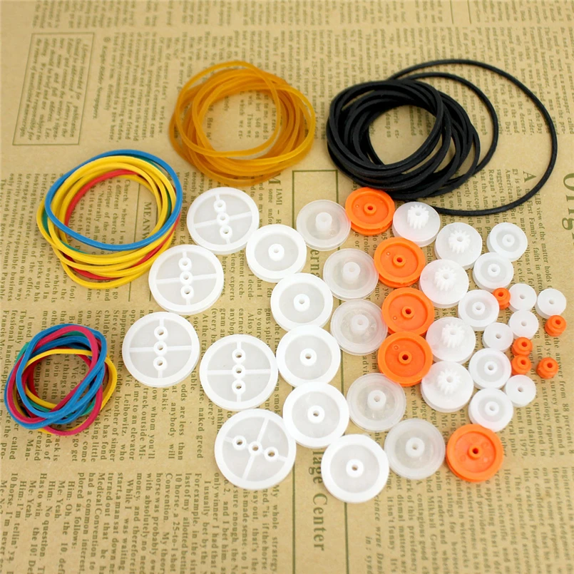 

40pcs/set Plastic Pulley Gears for Toy Models Handmade DIY Accessories Rubber Band Small Gear Kit Transmission Parts A007