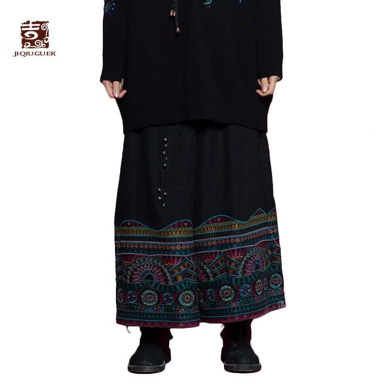 Jiqiuguer Women Embroidery Cotton Linen Wide Leg Pants