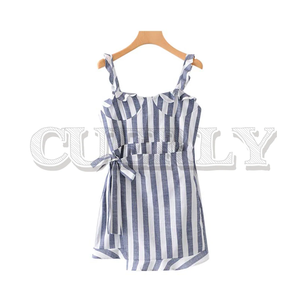 CUERLY women striped sleeveless mini dress bow tie decorate ruffles back zipper casual dresses