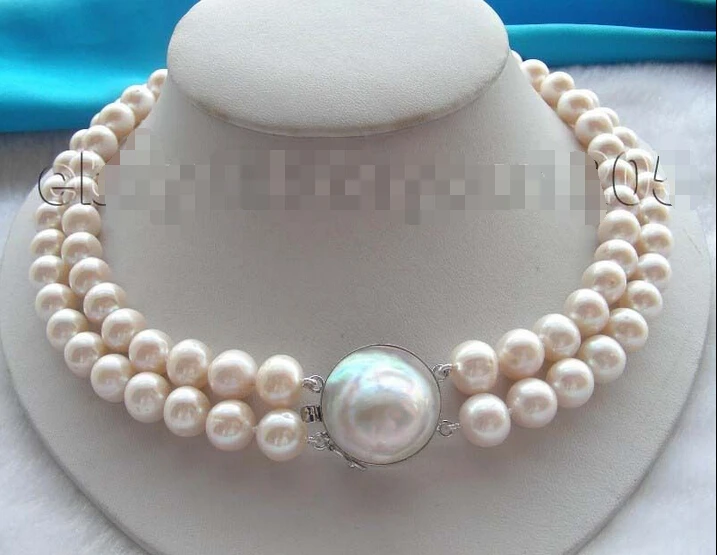 

>>> >>2row Natural 11mm White Round Pearl Necklace Mabe 925sc