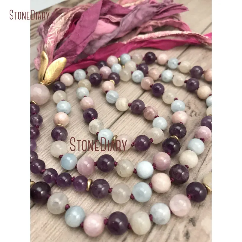 20180313-NM11117-Aquamarine, Amethyst, Kunzite, and Moonstone Mala Necklace Sari Silk Tassel Hand knotted 108 Mala Beads Boho Tassel Jewelry Gemstone Mala_4