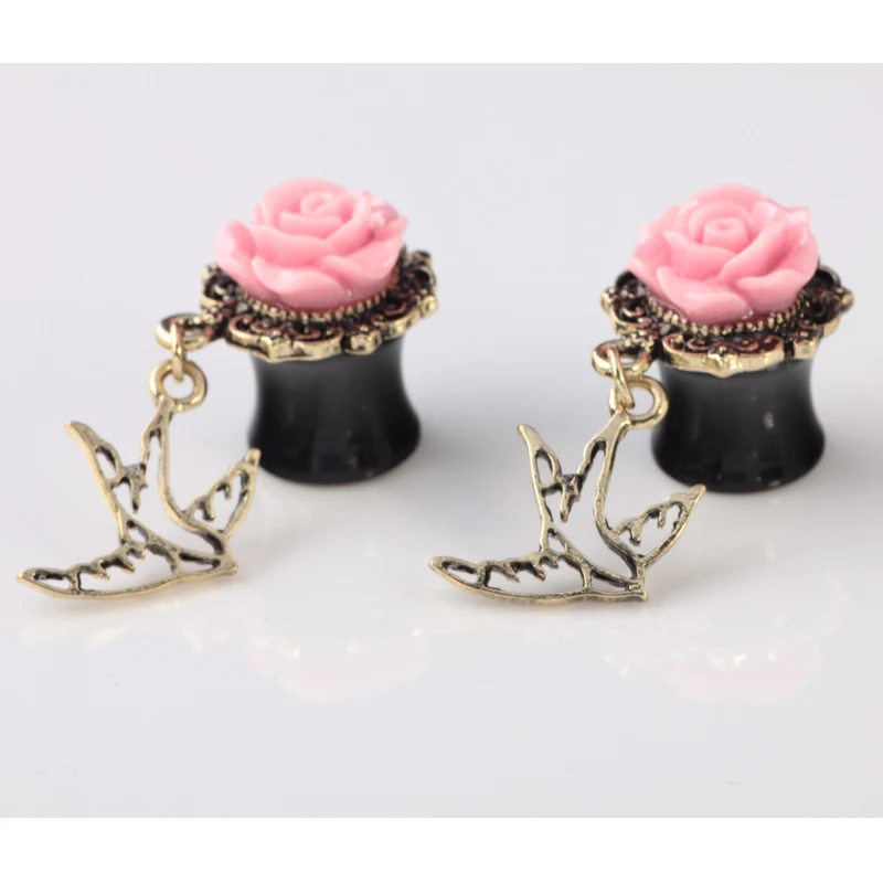 2PCS New Arrival Piercing Ear Rose Flower With Bird Pendant Earrings Women Fashion Ear Plugs
