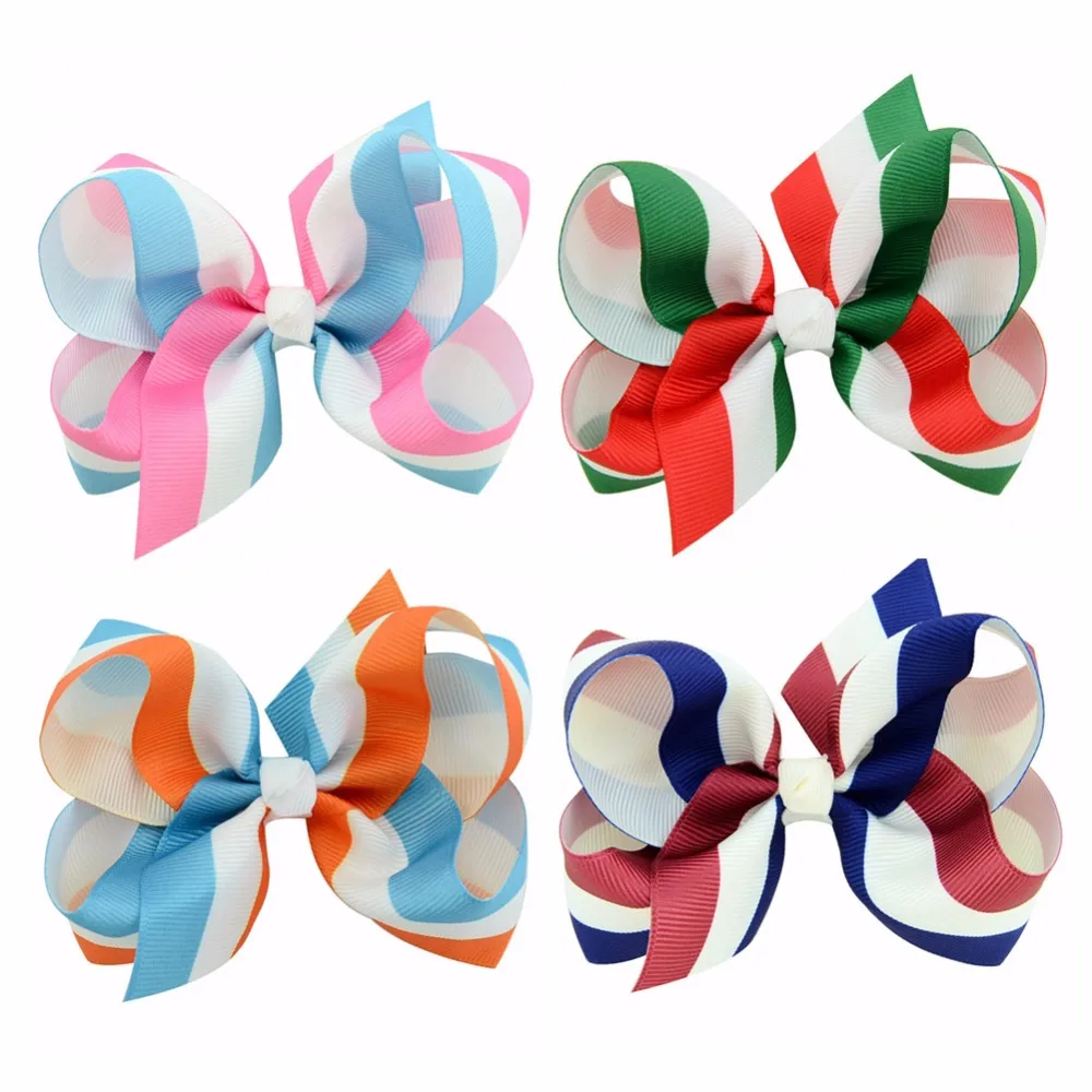 8pcs/lot 4inch Striped Grosgrain Ribbon Bows With Hair Clips Boutique