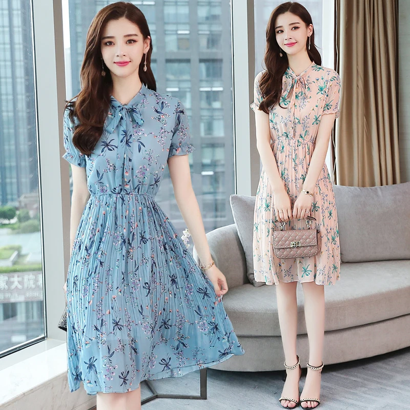 Chiffon Floral Print Summer Midi Pink Women Dress Long Lady Elegant Fairy Blue Chic Short Sleeve Runway Vestido De Fiesta 2019