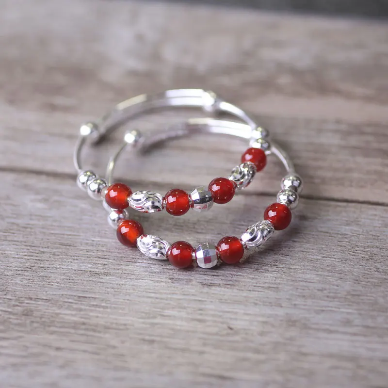 990 Sterling Silvery Baby Jewelry Bracelet Red Natural Stone Transfer