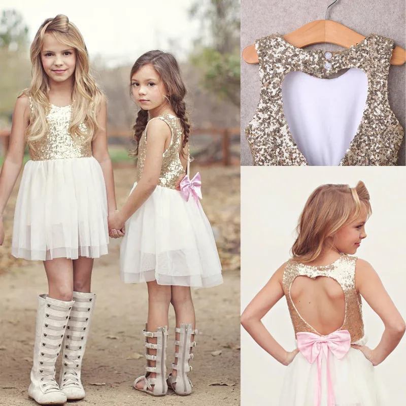 Новинка года; детское летнее платье для маленьких девочек; одежда; торжественное вечернее платье с блестками; платье принцессы с открытой спиной; платье-пачка с бантом для девочек