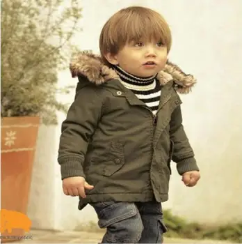 

Kids Boys Padded Winter Warm Outwear Baby Boys Winter Jacket in Army Green Thick Removable Fur Hooded Warm Coats