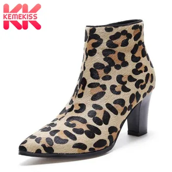 

KemeKiss Women Ankle Boots Real Leather Sexy Leopard Winters Shoes For Women Fashion Keep Warm Fur High Heels Boots Size 33-40
