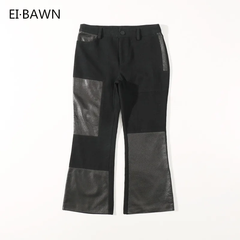 2019 Autumn Sheepskin Micro-horn Wide Leg Pants Leather Casual Pants Women Long Section Stitching Leather Pants  Women