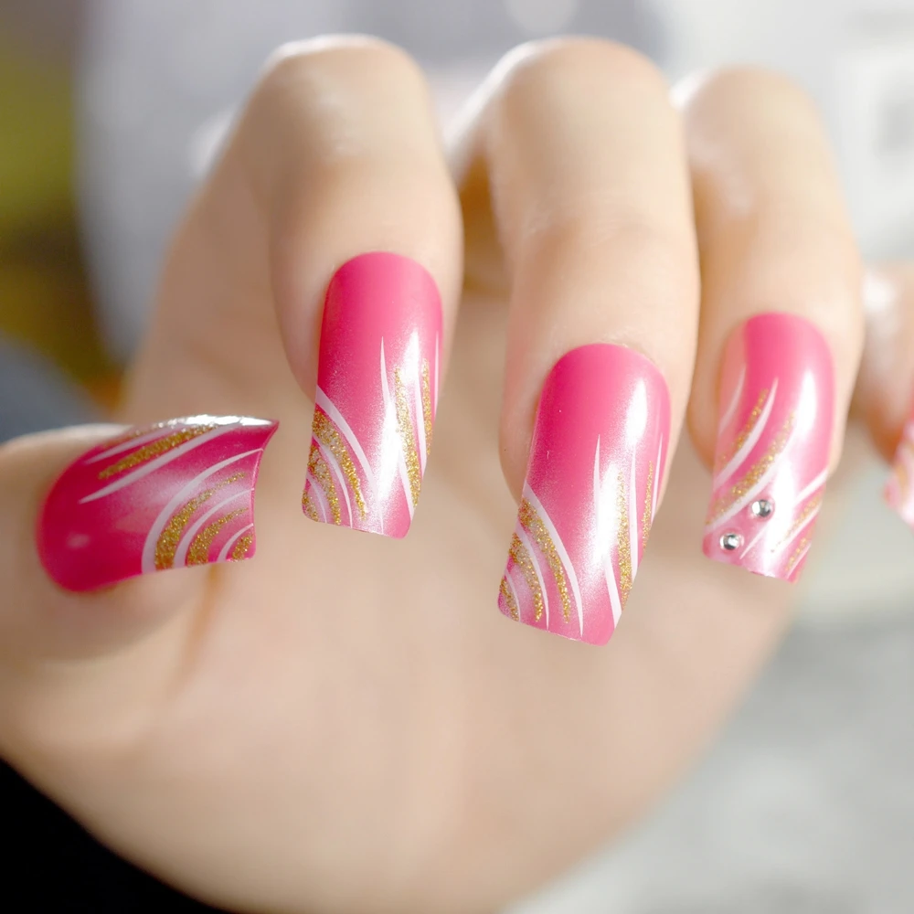 Розовый Блестящий французский лак для ногтей, квадратный Топ, Женский акриловый лак для ногтей, длинные кончики для пальцев, 24 шт. в комплекте