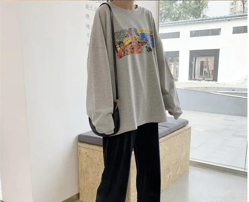 Женская футболка осенняя одежда корейский стиль Ulzzang Harajuku модная футболка с принтом женские повседневные футболки с длинными рукавами