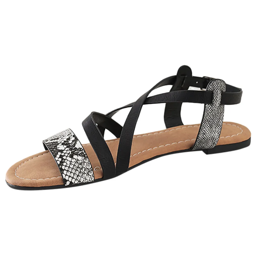 

SAGACE Ladies Shoes Sexy Outside Womens Fashion Snakeskin Flats Shoes Open Toe Cross strap Ladies Roman Sandals 2019