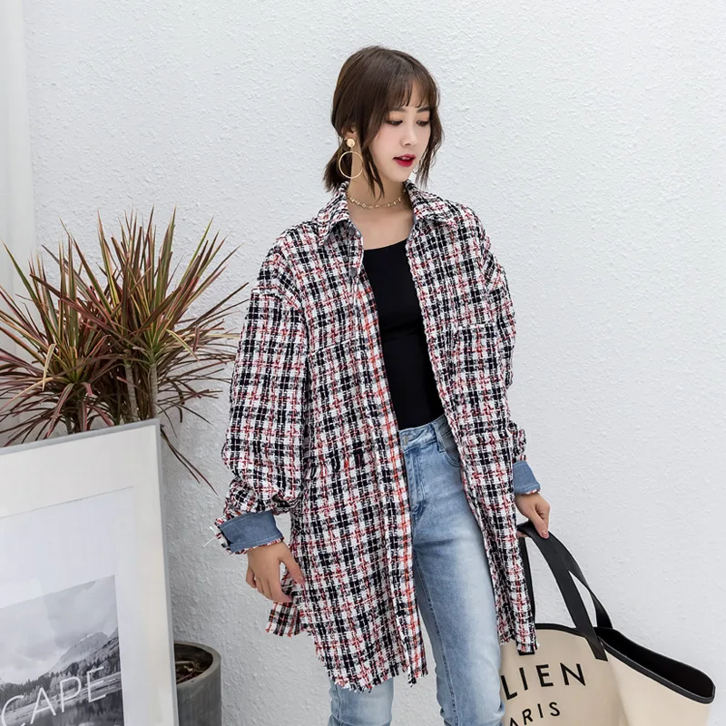 

Desired Life Stars with Small Fragrance Coarse Tweed Plaid Shirts Women Long Coats Thick Clothes In Autumn Winter Shirt Women