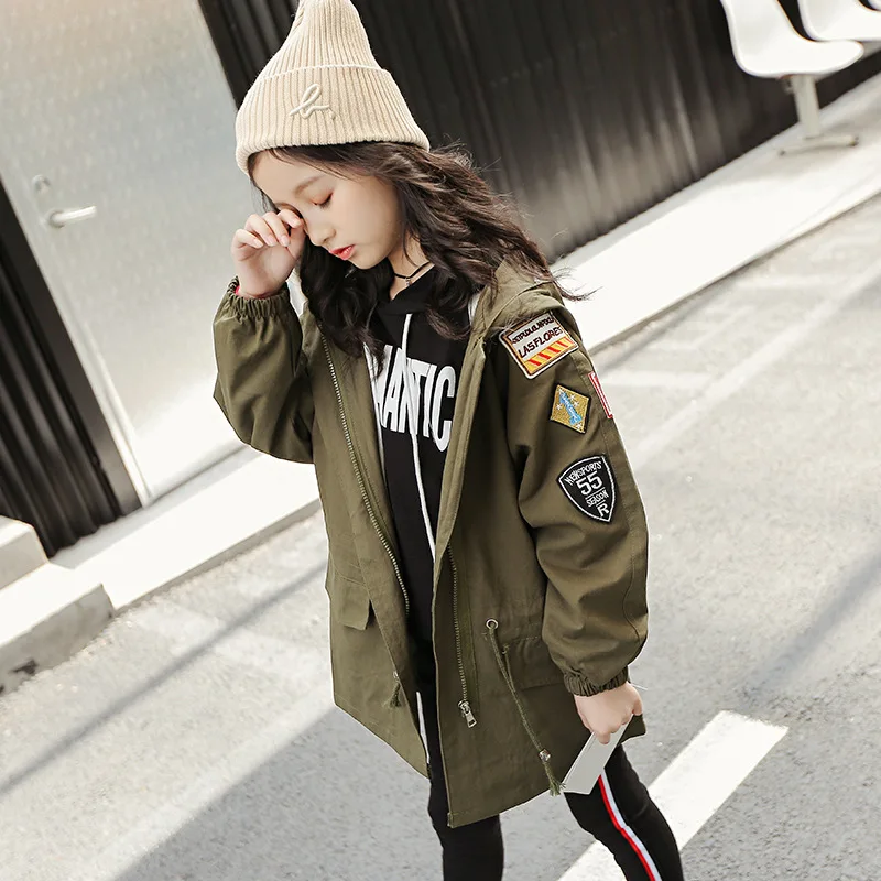 

New Girl Spring Autumn Coat with Hood Long Jacket Solid Green with Pattern Zipper Decor Stylish Children High Quality Parkas