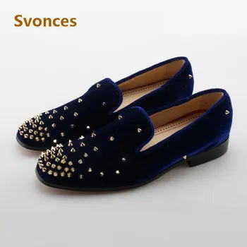

2018 Fashion Dark Blue Flock Mens Casual Shoes Low Heels Rivets Loafers Zapatillas Hombre Man Large Size Flats Party Shoes Man