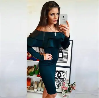 

New Women Dress Ruffle Slash Neck Long Sleeve Knee Length Bandage party Dress