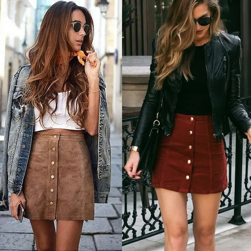 19 Women High Waist Button Suede Leather Skirts Pocket Preppy Short Mini Skirts 5 19 Women High Waist Button Suede Leather Skirts Pocket Preppy Short Mini Skirts 5