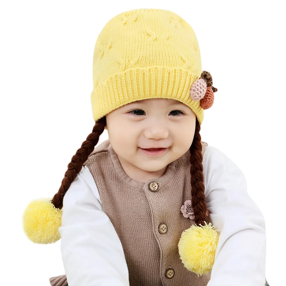 Cute 1pc Kid Toddler Girl Baby Winter Braid Crochet Knit Hat Beanie Hairball Cap