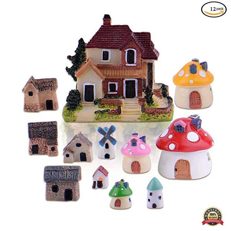

12Pcs Miniature Fairy Garden House and Terrarium Mushroom Fairy House Statue Mini Small House Cottages Moss Terrarium Fairy