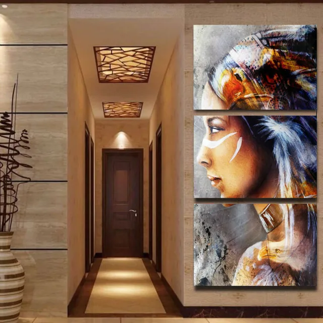 3 panel canvas painting native american girl feathered women home 3 panel canvas painting native american girl feathered women home