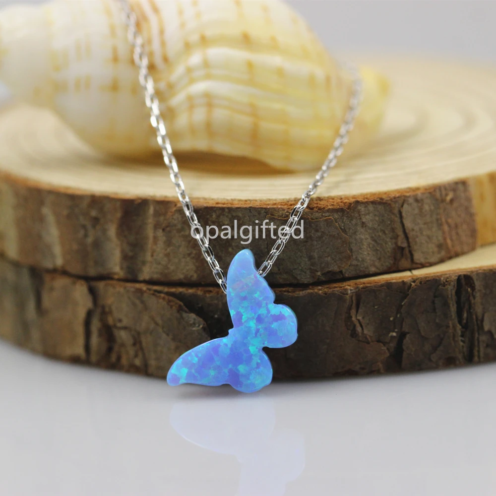 

(1pc/lot)Synthetic 8.6*14mm Azure Blue OP06 opal butterfly pendant necklace with 925 Sterling silver O chain with cheaper price