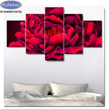 5 панелей красивая картина с цветком пиона, Алмазная мозаика на заказ, алмазная вышивка, стразы в китайском стиле