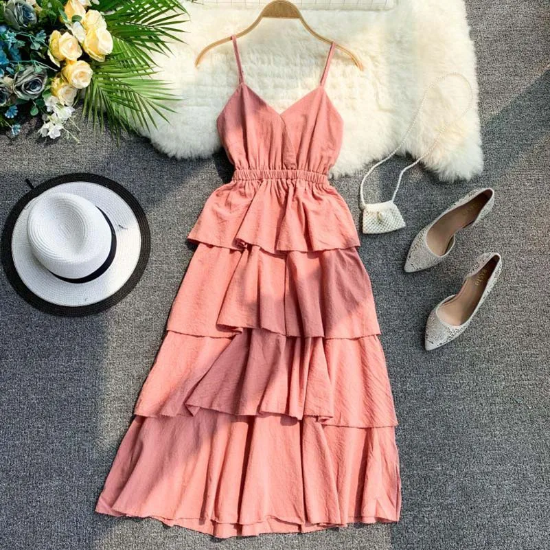 

NiceMix 2019 Vocation Bohemian Beach Dress Elegant V-Neck Cascading Ruffle Sleeveless Dress Solid Color Spaghetti Strap Vestidos