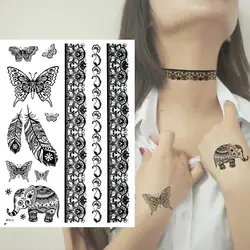 1 лист черный Кружево Henna татуировки Стикеры бабочка перо Кружево Временные татуировки Средства ухода за кожей Книги по искусству ARM handtatuagem