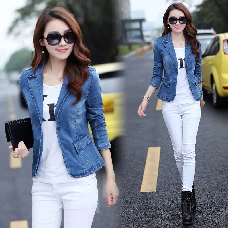 Fashion Spring Autumn Denim Jacket Women Slim Suit One Button Short section Coat cowboy jacket women Blazers