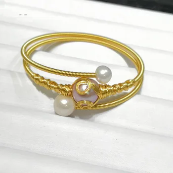 

Adjustable Gold Bangle Bracelets Baroque Big Round Freshwater Pearl Bangles Fashion Wire Bangles For Women